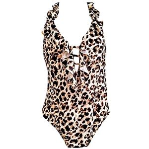 NWT’s Bleu Rod Beattie Cheetah plunge ruffle one piece
